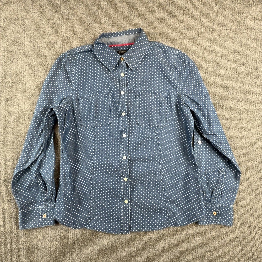 Talbots Shirt Womens 12 Blue Polka Dot Chambray Button Front Top Long Sleeve